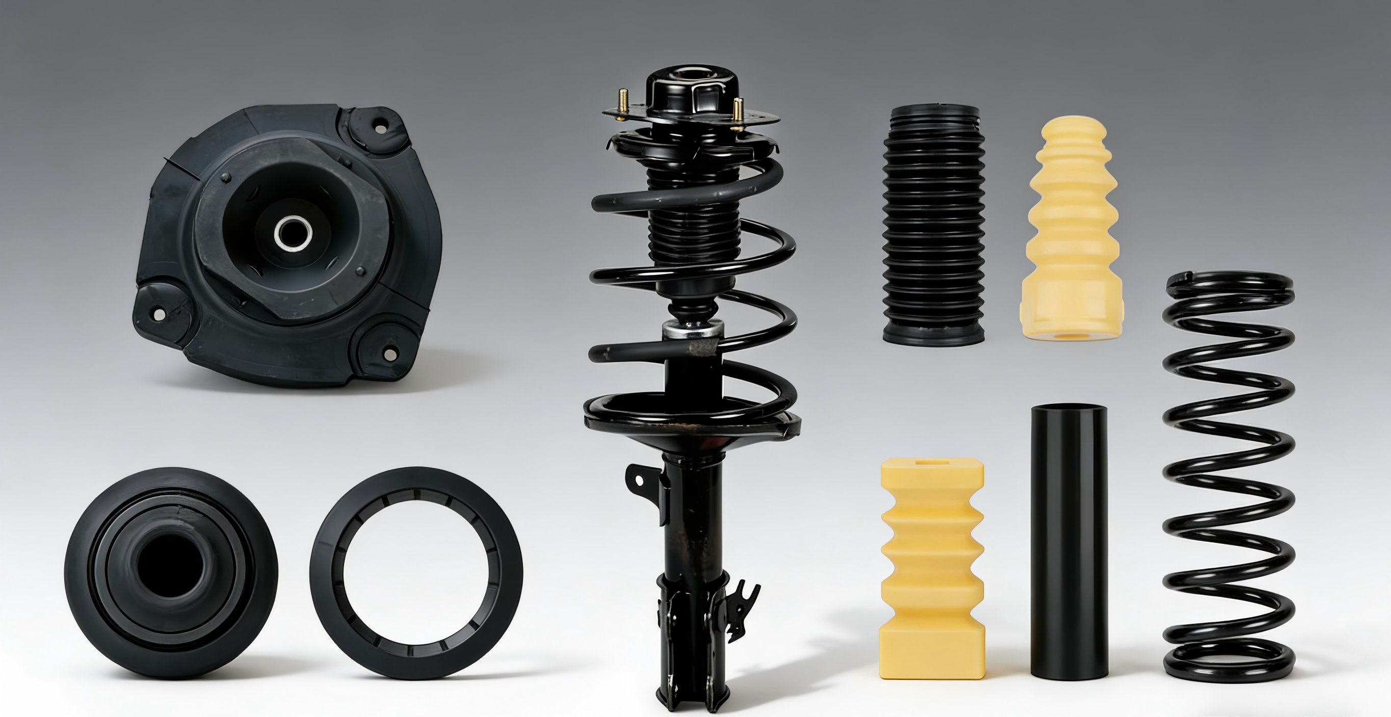 汽车悬挂系统零件，减震器、弹簧、控制臂等金属部件，车间工作台背景